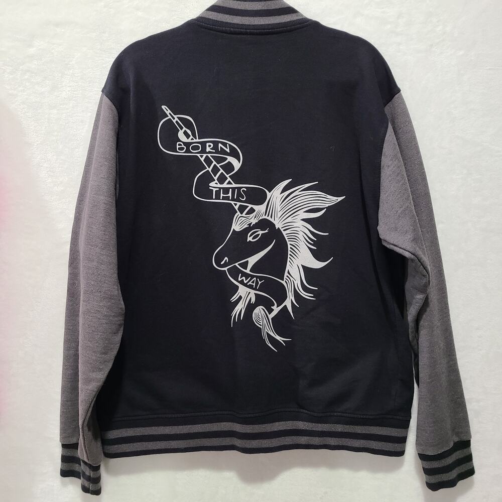 FDM FV001 Unisex Varsity Jacket Black & Grey "Born This Way" Size XL Letterman